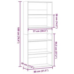 Berkfield Home Book Cabinet Smoked Oak 80x30x189 cm Engineered Wood in Brown - Size: 80 x 30 x 189 cm - thumbnail 9