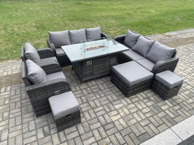 Fimous Wicker PE Rattan Garden Furniture Set Gas Fire Pit Dining Table Indoor Outdoor with Chair Loveseat Sofa 3 Footstools in Dark Grey - image 1