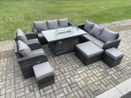 Fimous Wicker PE Rattan Garden Furniture Set Gas Fire Pit Dining Table Indoor Outdoor with Chair Loveseat Sofa 3 Footstools in Dark Grey - thumbnail 1