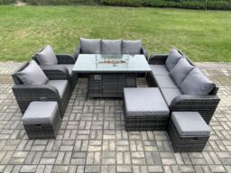 Fimous Wicker PE Rattan Garden Furniture Set Gas Fire Pit Dining Table Indoor Outdoor with Chair Loveseat Sofa 3 Footstools in Dark Grey - thumbnail 3