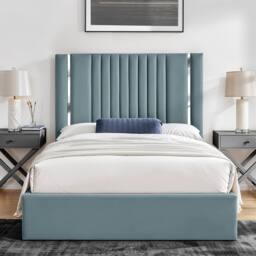 UK Bed Furniture Valencia Gas Lift Storage Upholstered Bed with 48 Inch Headboard in Light Blue - Size: Small Double