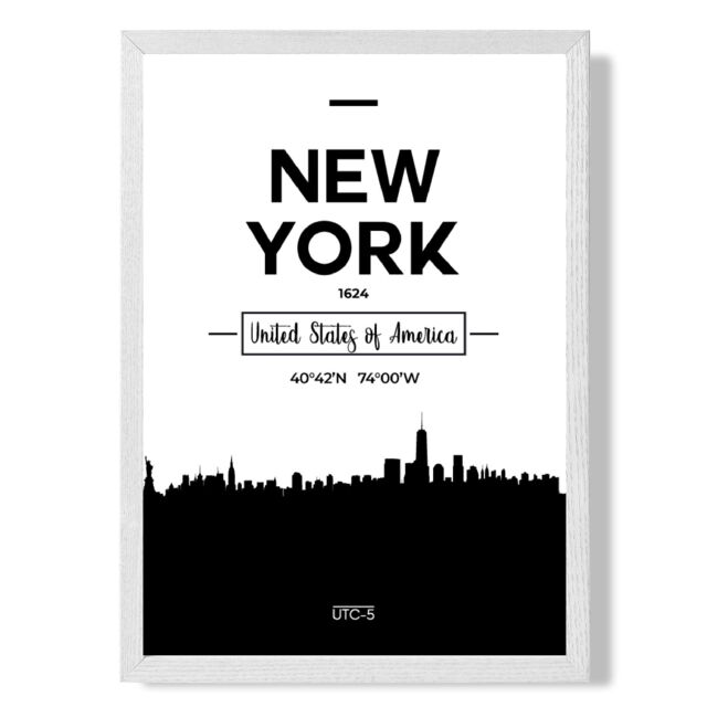 ARTZE New York Black & White City Skyline Framed Print SIZE: A2 with White Frame - Size: A4 - image 1