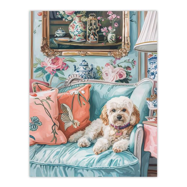 "Artery8 Wall Art Print Cockapoo Dog Lover Pink Teal Couch Pet Portrait Poster in Blue - Size: W24"" x H32""" - image 1