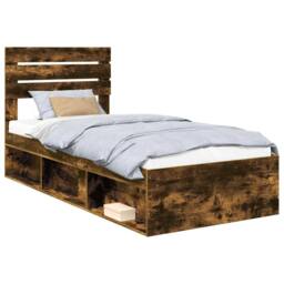 Berkfield Home Bed Frame with Headboard Smoked Oak 90 x 200 cm Solid Pine Wood in Brown - thumbnail 2