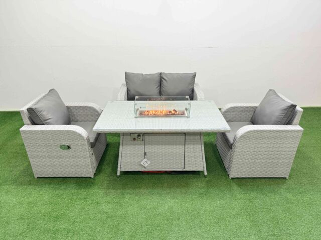 Fimous Light Grey PE Wicker Rattan Garden Furniture Set Sofa Set Reclining Chair Firepit Dining Table 4 Seater - image 1