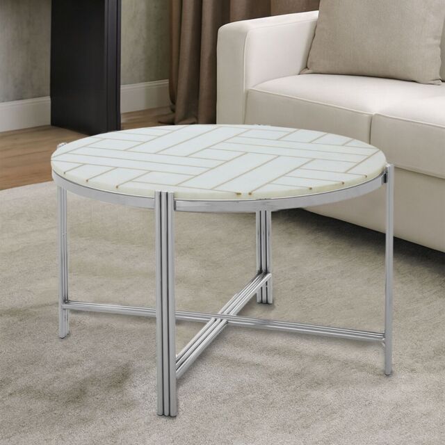 Orsina Silver Finished Coffee Table, Round Table, White Marble Topped Center Table, Accent Table For Outdoor Patio - image 1