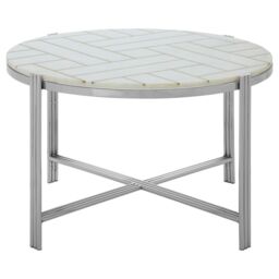 Orsina Silver Finished Coffee Table, Round Table, White Marble Topped Center Table, Accent Table For Outdoor Patio - thumbnail 6