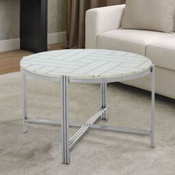 Orsina Silver Finished Coffee Table, Round Table, White Marble Topped Center Table, Accent Table For Outdoor Patio - thumbnail 1