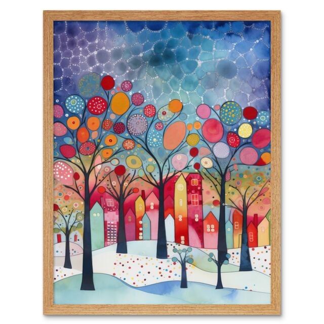 "Artery8 Wall Art Print Winter Abstract Village Folk Art Framed in Light Oak - Size: W12"" x H16""" - image 1