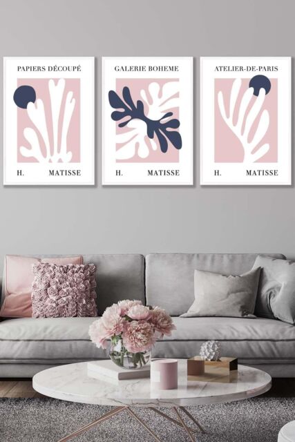 ARTZE Set of 3 White Framed Matisse Floral Cut Out Style in Blue & Pink Wall Art in Dusty Pink - Size: W33 cm x H45 cm x D20mm - image 1