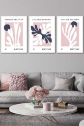 ARTZE Set of 3 White Framed Matisse Floral Cut Out Style in Blue & Pink Wall Art in Dusty Pink - Size: W33 cm x H45 cm x D20mm - thumbnail 1