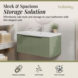 Balterley Fluted Wall Hung 1 Drawer Vanity Basin Unit & Basin 800mm, Satin Green - thumbnail 2
