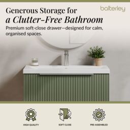 Balterley Fluted Wall Hung 1 Drawer Vanity Basin Unit & Basin 800mm, Satin Green - thumbnail 3