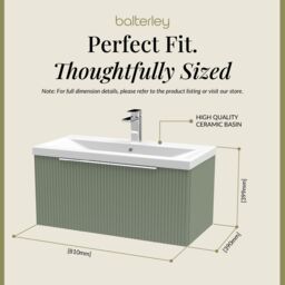 Balterley Fluted Wall Hung 1 Drawer Vanity Basin Unit & Basin 800mm, Satin Green - thumbnail 5