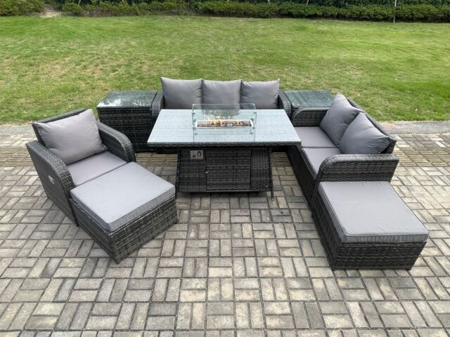 Fimous Garden Patio Furniture Wicker Rattan Gas Fire Pit Table & Sofa Chair set with 2 Side Tables 2 Big Footstool in Dark Grey - image 1