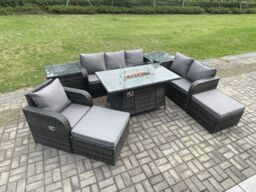 Fimous Garden Patio Furniture Wicker Rattan Gas Fire Pit Table & Sofa Chair set with 2 Side Tables 2 Big Footstool in Dark Grey - thumbnail 3