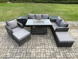 Fimous Garden Patio Furniture Wicker Rattan Gas Fire Pit Table & Sofa Chair set with 2 Side Tables 2 Big Footstool in Dark Grey - thumbnail 1