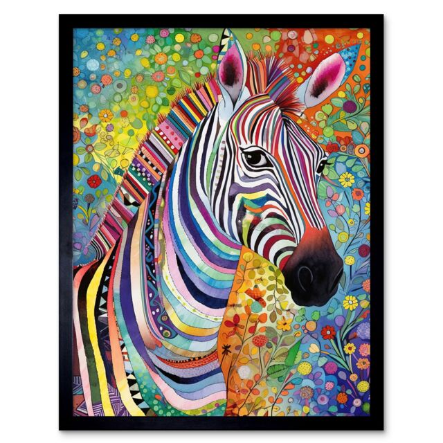 "Artery8 Wall Art Print Folk Art Zebra Colourful Flower Boho Art Framed in Black - Size: W12"" x H16""" - image 1