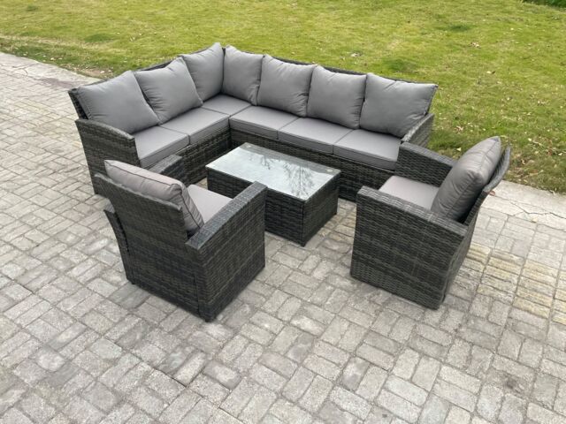 Fimous Rattan Lounge Corner Sofa Set Wicker PE Outdoor Garden Furniture Set with Rectangular Coffee Table 2 Armchairs in Dark Grey - image 1