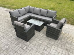 Fimous Rattan Lounge Corner Sofa Set Wicker PE Outdoor Garden Furniture Set with Rectangular Coffee Table 2 Armchairs in Dark Grey - thumbnail 1