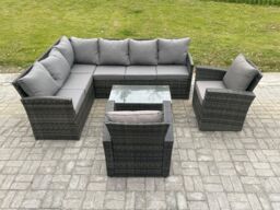 Fimous Rattan Lounge Corner Sofa Set Wicker PE Outdoor Garden Furniture Set with Rectangular Coffee Table 2 Armchairs in Dark Grey - thumbnail 2