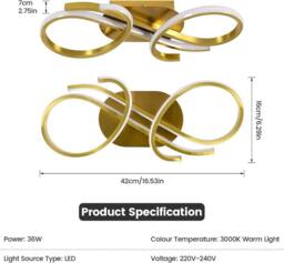 COMELY Modern LED Ceiling Light, 36W Creative Ceiling Lamp, 3000K Warm White in Gold - thumbnail 3