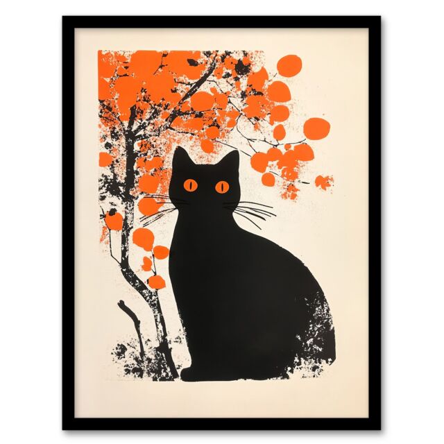 Artery8 Cat Lover Black Pet Under Autumn Orange Tree Framed Art Print - Size: A4 - image 1