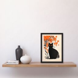Artery8 Cat Lover Black Pet Under Autumn Orange Tree Framed Art Print - Size: A4 - thumbnail 4