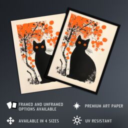 Artery8 Cat Lover Black Pet Under Autumn Orange Tree Framed Art Print - Size: A4 - thumbnail 2