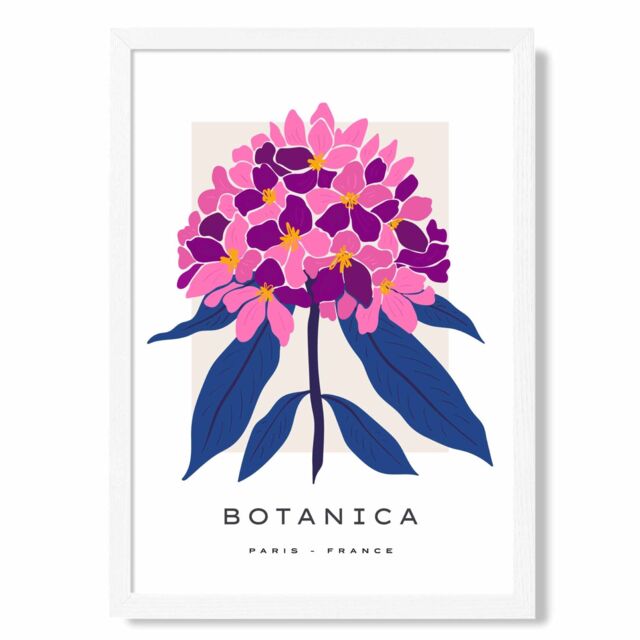 ARTZE Pink & Blue Hydrangea Flower Market Gallery Framed Print SIZE: A4 with White Frame in Mid Blue - image 1