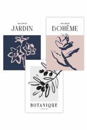 ARTZE Set of 3 Minimalist Sketch Leaves Flowers Blush Pink Navy Blue & Grey Art Posters - Size: W50 cm x H70 cm - thumbnail 1