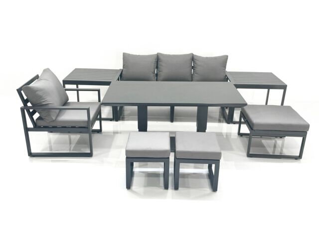 Fimous 7 Seater Garden Sofa Set Aluminium Furniture Rising Dining Tabe Set with Chair 3 Footstool 2 Side Tables Dark Grey - image 1