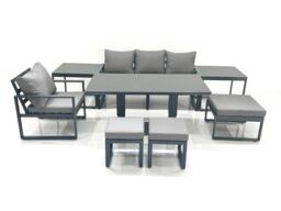 Fimous 7 Seater Garden Sofa Set Aluminium Furniture Rising Dining Tabe Set with Chair 3 Footstool 2 Side Tables Dark Grey - thumbnail 2