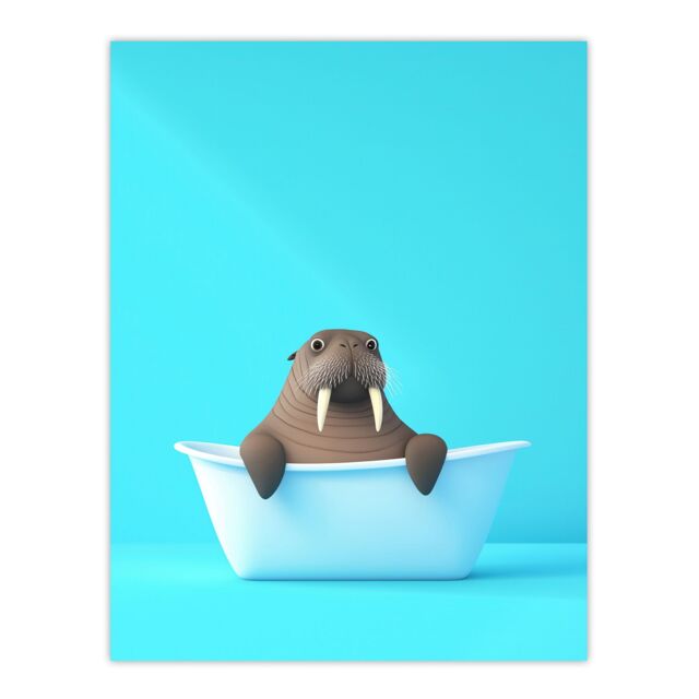 "Artery8 Cute Cartoon Walrus in Bathtub Bath Time Vibrant Wall Art Print in Blue - Size: W24"" x H32""" - image 1