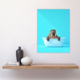 "Artery8 Cute Cartoon Walrus in Bathtub Bath Time Vibrant Wall Art Print in Blue - Size: W24"" x H32""" - thumbnail 4