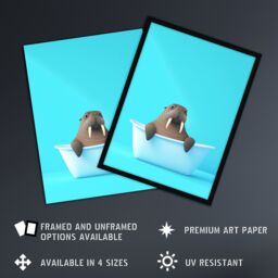 "Artery8 Cute Cartoon Walrus in Bathtub Bath Time Vibrant Wall Art Print in Blue - Size: W24"" x H32""" - thumbnail 2