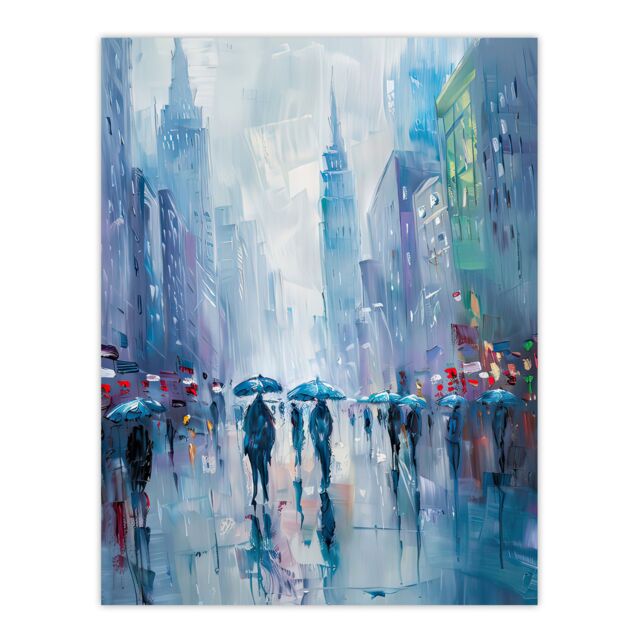 "Artery8 Rainy New York Abstract Cityscape Oil Painting Wall Art Print in Blue - Size: W12"" x H16""" - image 1
