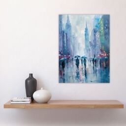 "Artery8 Rainy New York Abstract Cityscape Oil Painting Wall Art Print in Blue - Size: W12"" x H16""" - thumbnail 4