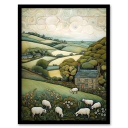 Artery8 Sleepy England By Celia Hapton Quirky Lake District Scene Rolling Hills Grazing Sheep Artwork Framed Wall Art Print A4 in Black - thumbnail 1
