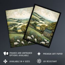 Artery8 Sleepy England By Celia Hapton Quirky Lake District Scene Rolling Hills Grazing Sheep Artwork Framed Wall Art Print A4 in Black - thumbnail 2