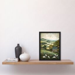 Artery8 Sleepy England By Celia Hapton Quirky Lake District Scene Rolling Hills Grazing Sheep Artwork Framed Wall Art Print A4 in Black - thumbnail 4