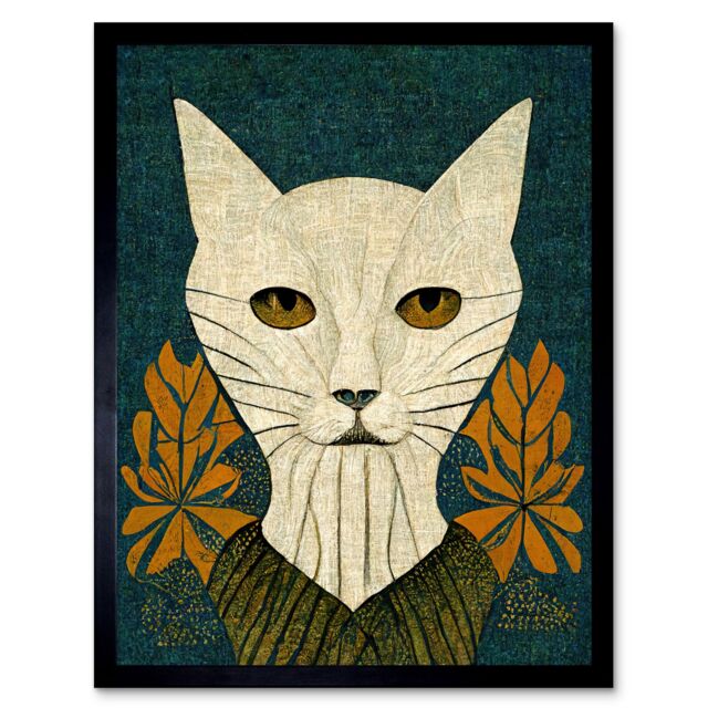 "Artery8 Wall Art Print Elegant Cat William Morris Style Teal Mustard Art Framed in Black - Size: W12"" x H16""" - image 1