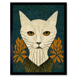 "Artery8 Wall Art Print Elegant Cat William Morris Style Teal Mustard Art Framed in Black - Size: W12"" x H16""" - thumbnail 1