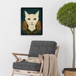 "Artery8 Wall Art Print Elegant Cat William Morris Style Teal Mustard Art Framed in Black - Size: W12"" x H16""" - thumbnail 2