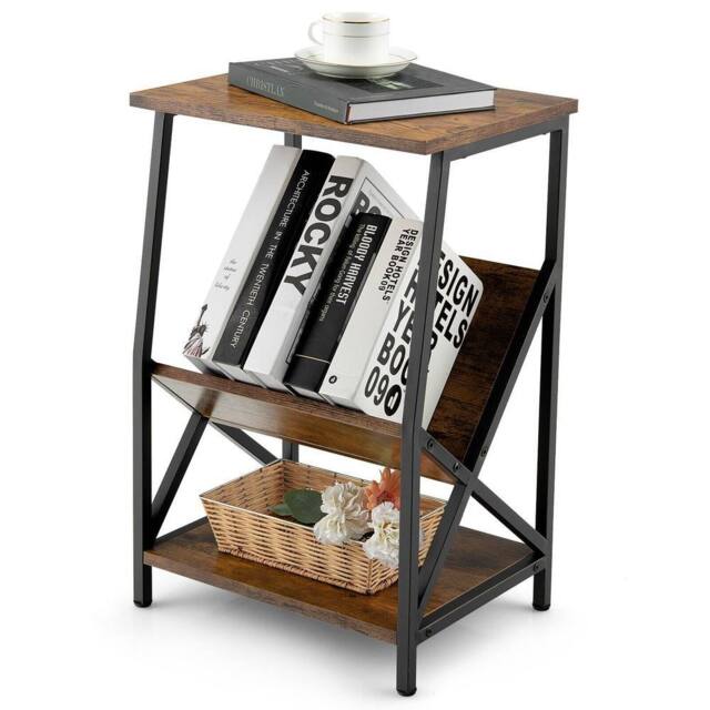 Gymax Side Table 3-Tier End Table V-Shaped Magazine Holder With Metal Frame in Brown - image 1