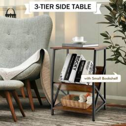 Gymax Side Table 3-Tier End Table V-Shaped Magazine Holder With Metal Frame in Brown - thumbnail 4
