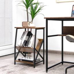 Gymax Side Table 3-Tier End Table V-Shaped Magazine Holder With Metal Frame in Brown - thumbnail 3