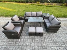 Fimous 9 Seater High Back PE Rattan Sofa Set Outdoor Garden Furniture Dining Table Set With Reclining Chair 3 Seater Sofa in Dark Grey - thumbnail 2