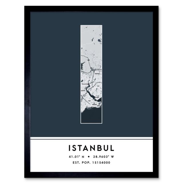 "Wee Blue Coo Wall Art Print Istanbul Turkey City Map Modern Typography Stylish Letter Framed Word in Navy - Size: W12"" x H16""" - image 1