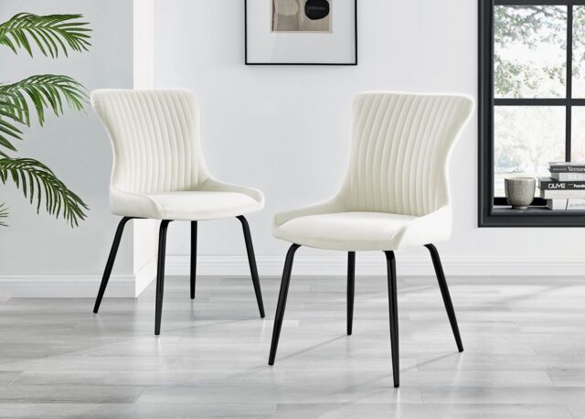 FurnitureboxUK Set of 2 Nora Deep Padded Luxurious Dining Chairs Upholstered In Soft Velvet With Black Legs in Cream - image 1
